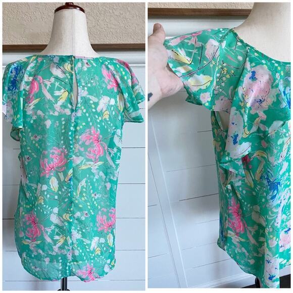I Heart Ronson Flutter-Sleeve Top Green Peony Spring Blouse -S EUC - Picture 7 of 11